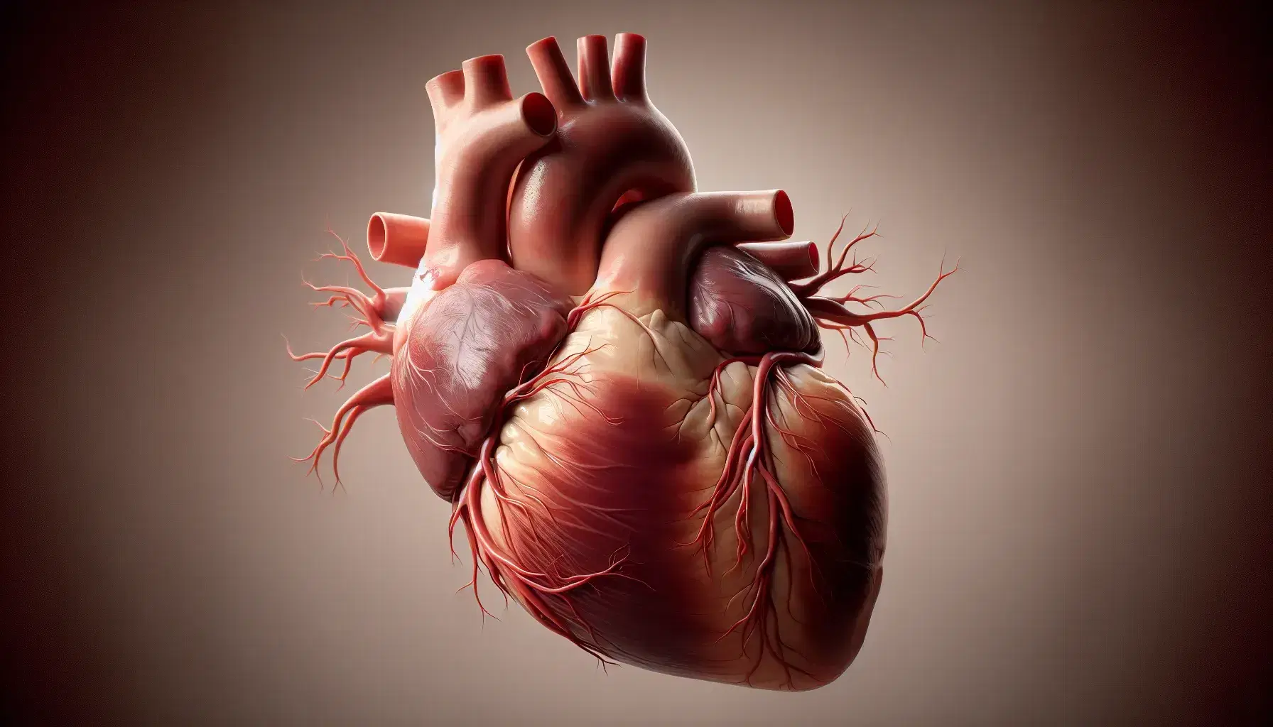 Corazón humano realista con detalle de aurículas y ventrículos, arterias coronarias visibles y vasos principales en fondo neutro.
