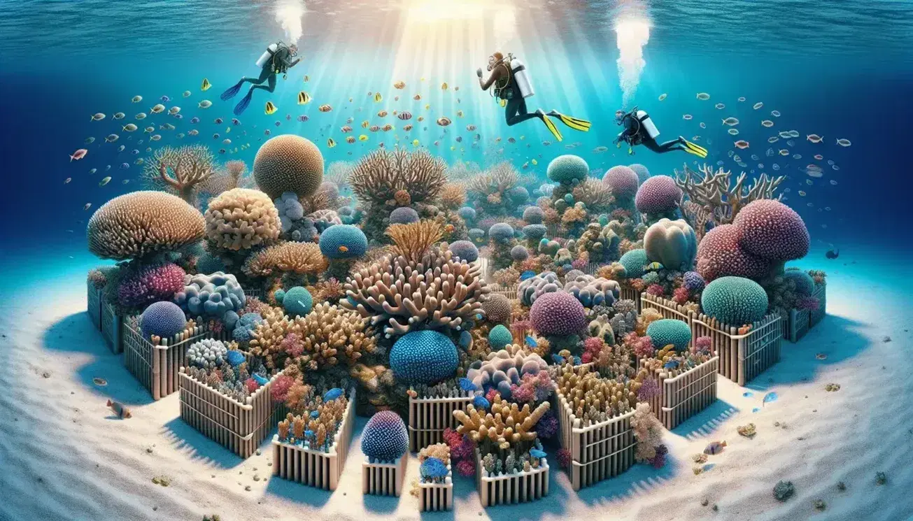 Vibrant underwater scene with colorful corals, reef fish and divers busy growing corals in a marine nursery.