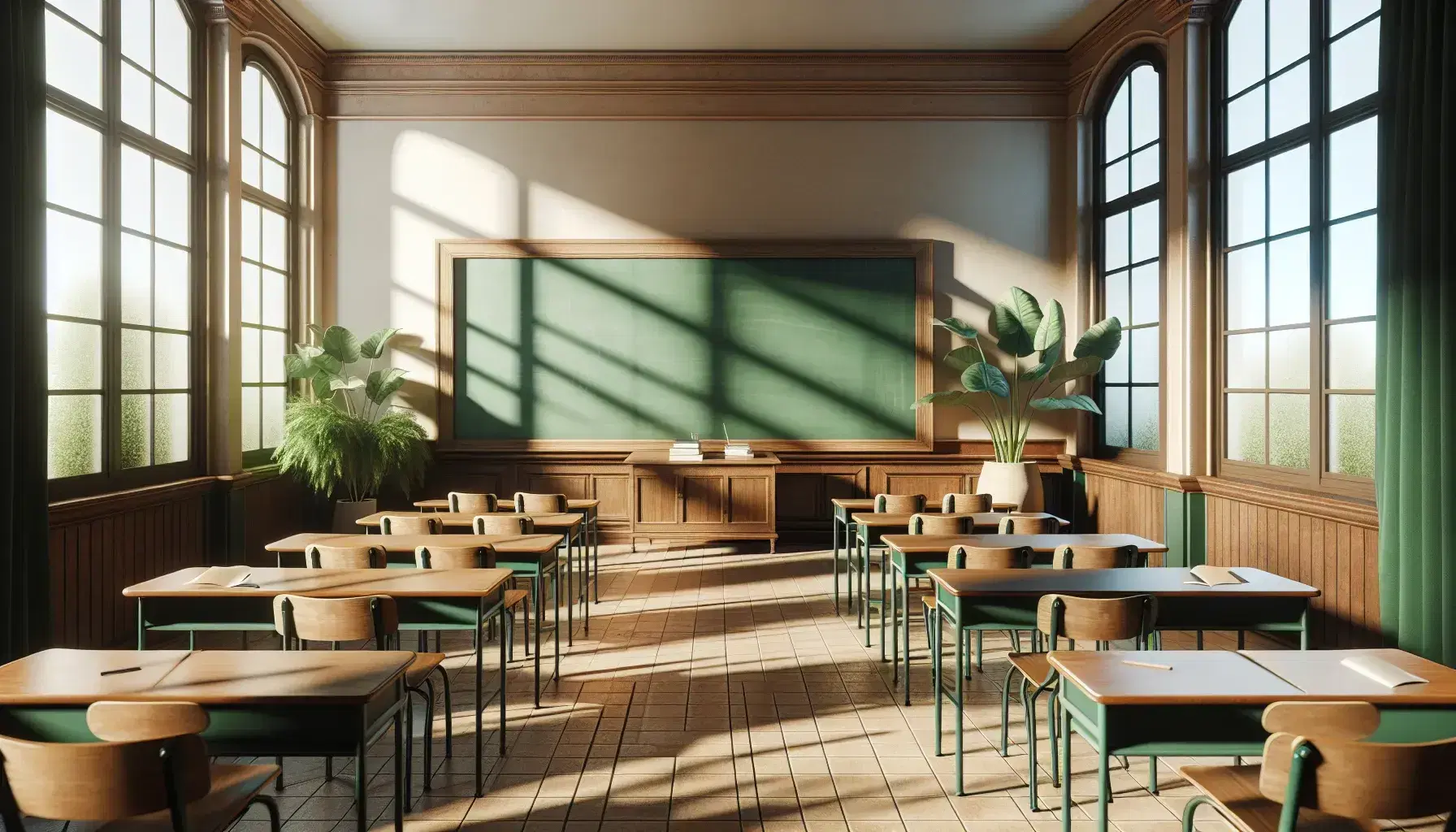 Aula escolar iluminada con luz natural, pizarrón verde sin marcas, pupitres de madera organizados y planta interior junto a la ventana.