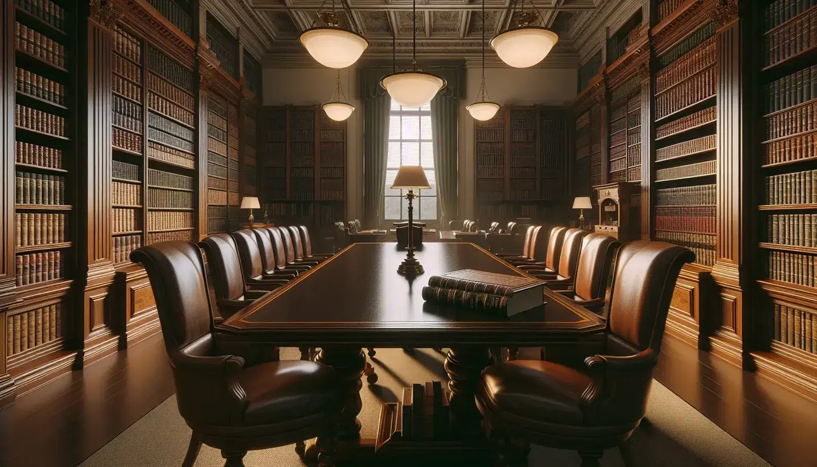 Biblioteca elegante con mesa de madera oscura, sillas de cuero marrón, estanterías llenas de libros y balanza de bronce en equilibrio.