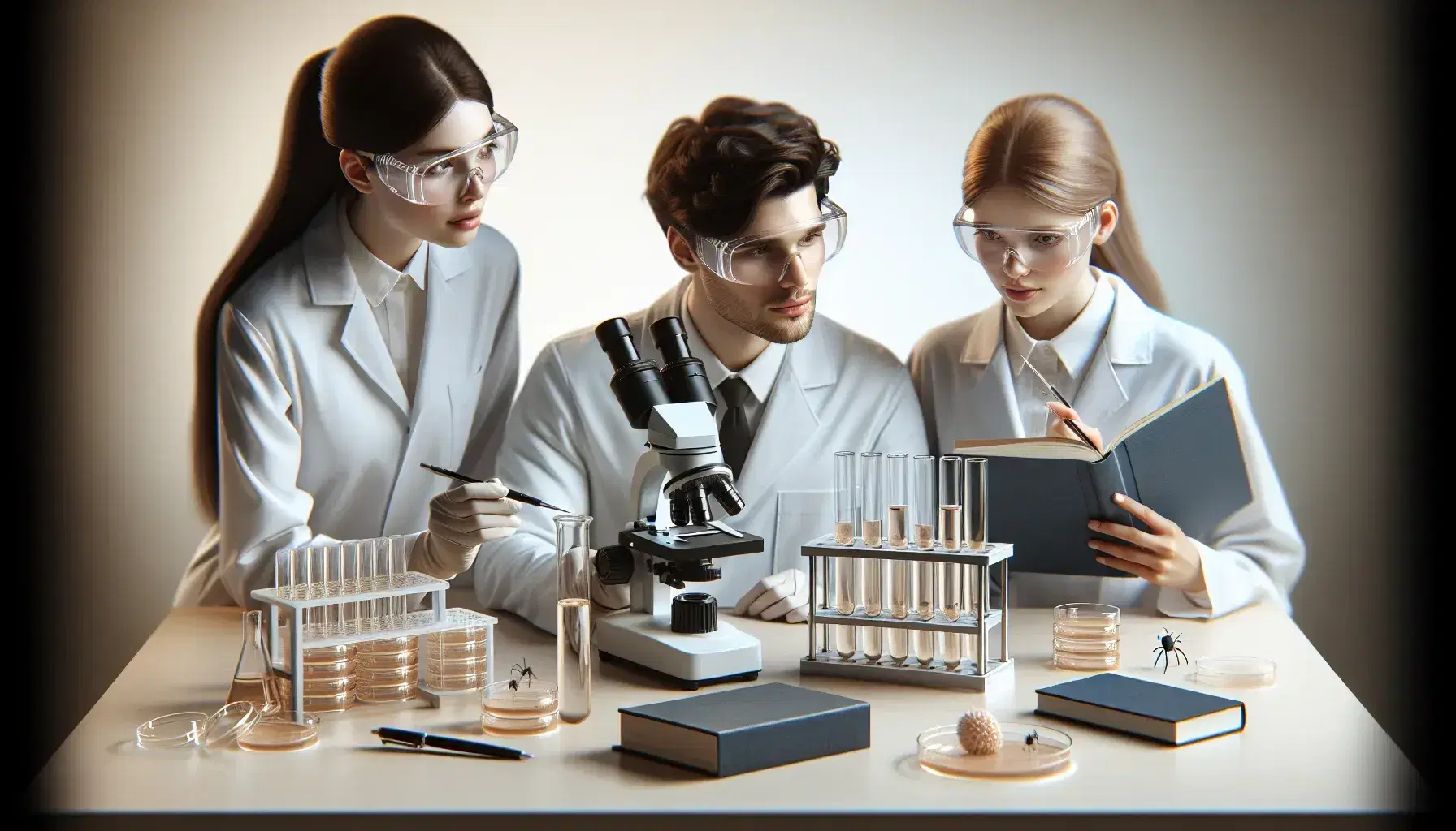 Tres científicos en laboratorio analizan muestras con microscopio, tubos de ensayo y placas de Petri sobre mesa, ambiente de investigación colaborativa.