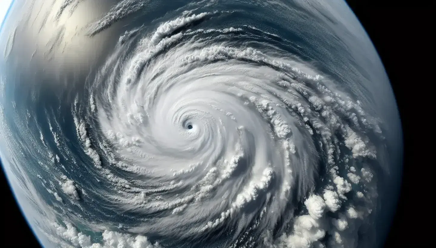 Satellite view of a tropical cyclone with a spiral structure and a clear eye in the center, surrounded by dense cloud bands in shades of white and gray.