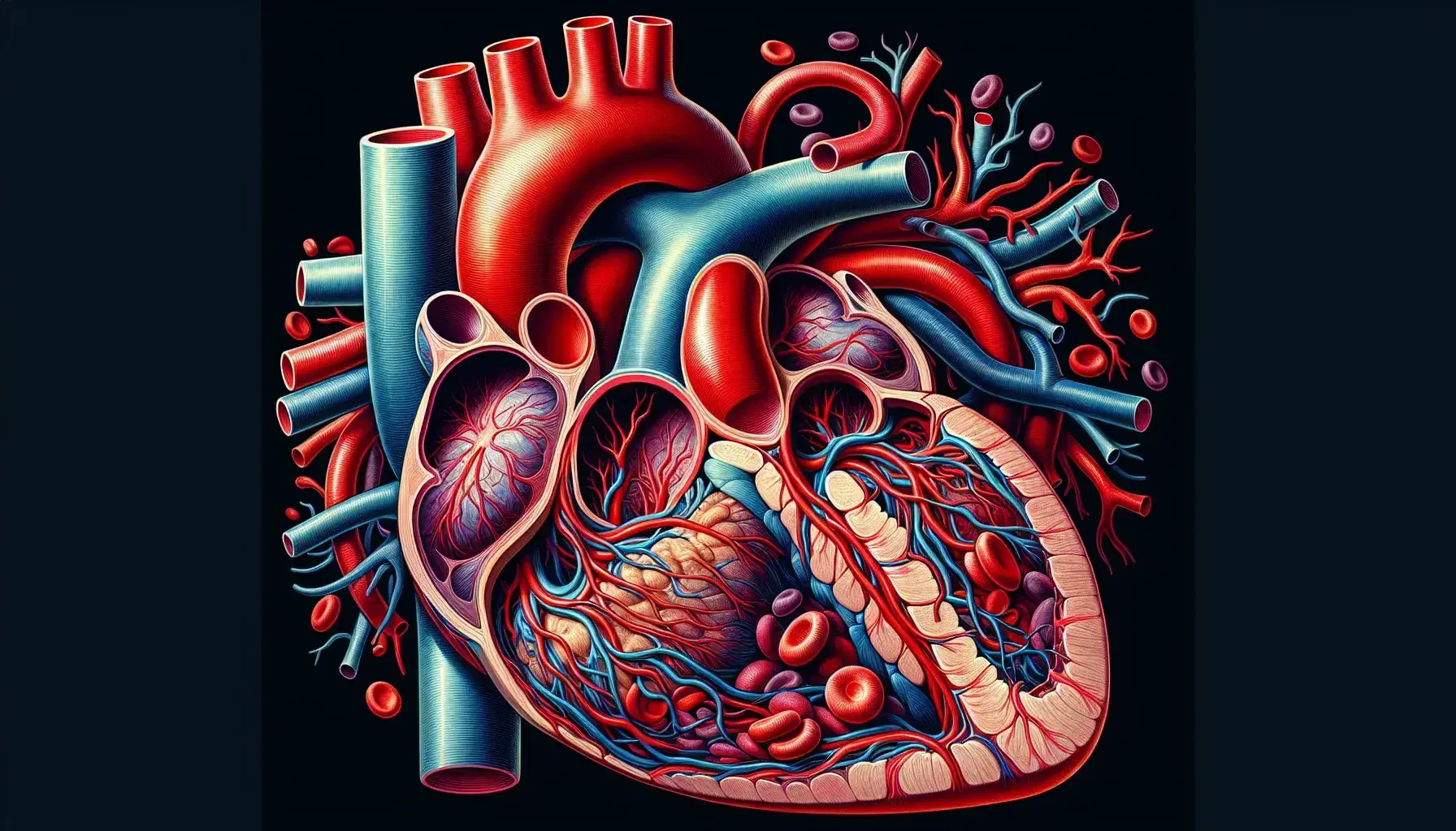 Sezione trasversale dettagliata del cuore umano con camere, vasi sanguigni principali e cellule del sangue evidenziate.