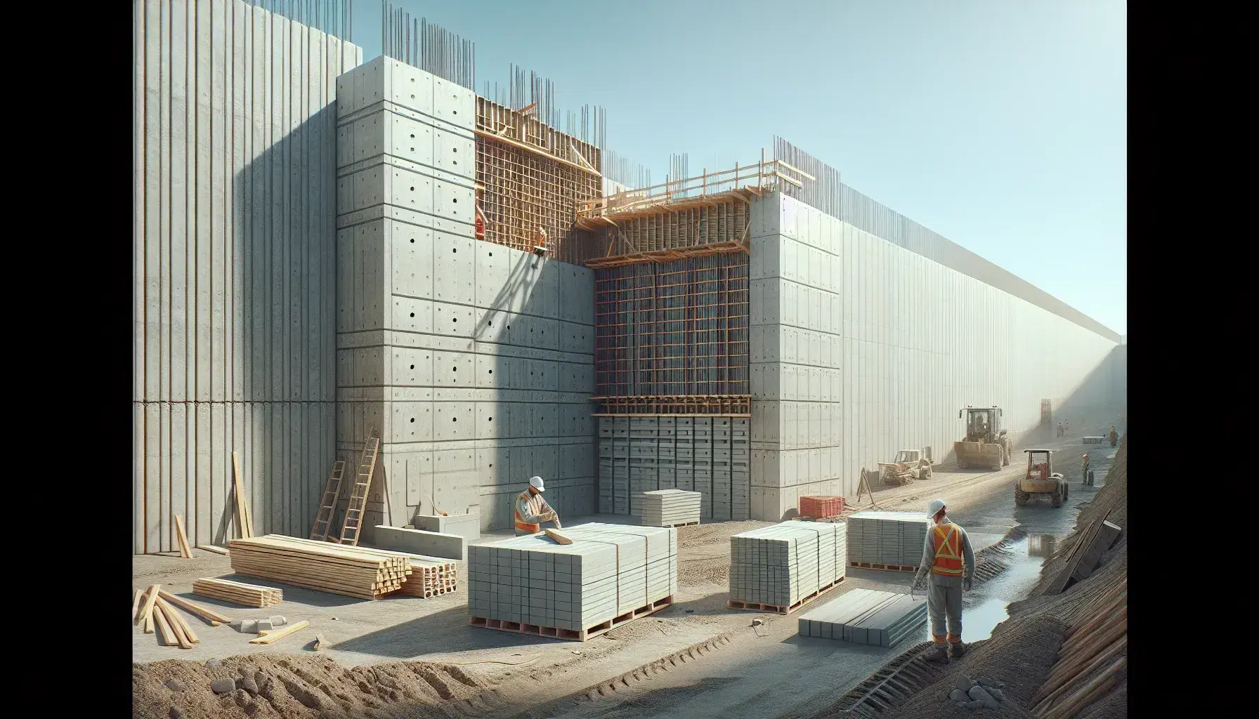 Escena de construcción con trabajador inspeccionando muro de concreto, pared de bloques de cemento y paneles prefabricados apilados bajo cielo despejado.