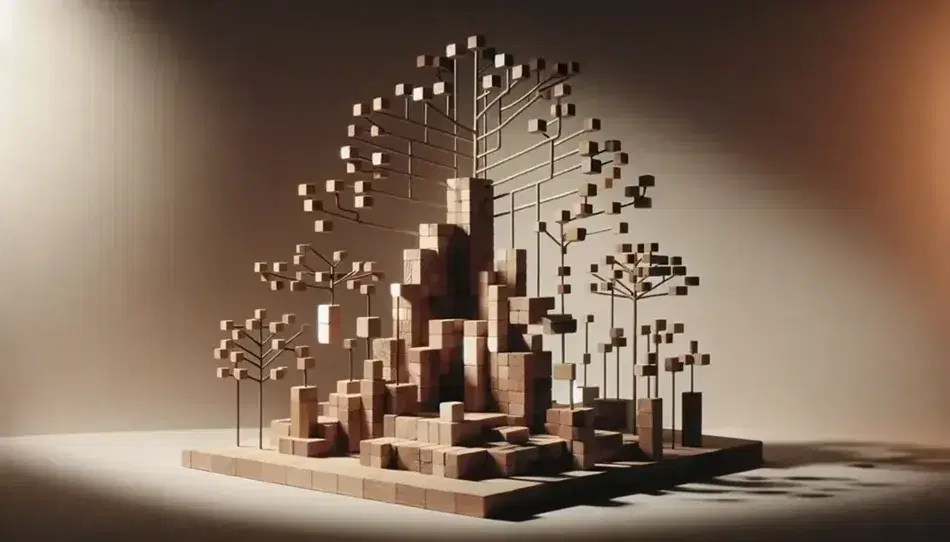 Estructura creativa de bloques de madera en forma de árbol con tronco y ramas en tonos marrones sobre superficie clara.