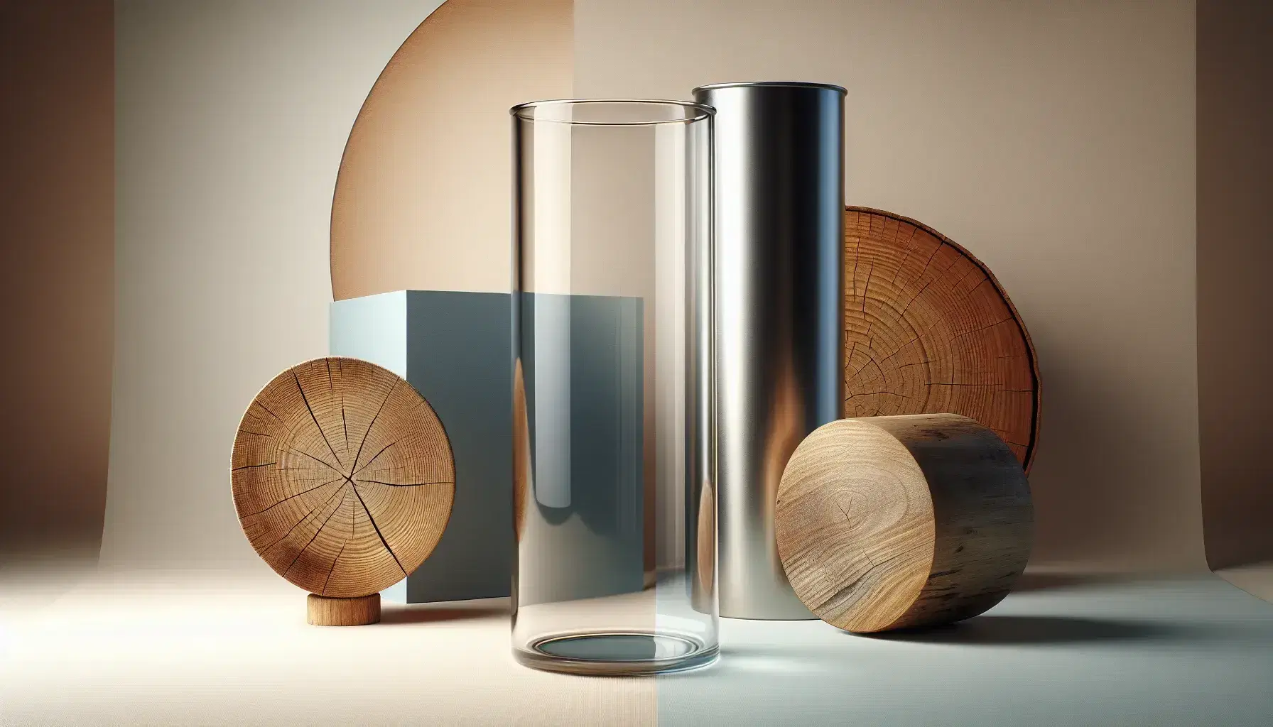 Assorted cylindrical objects including a clear glass beaker, a matte metallic can, a wooden log, and a glossy blue ceramic vase on a neutral background.