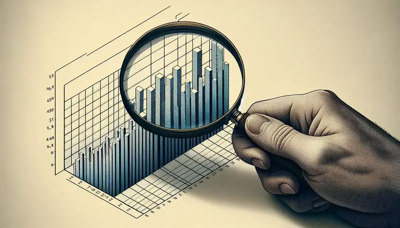 Hand holding magnifying glass over bar graph with varying shades of blue bars, highlighting details without axis labels or numerical data.