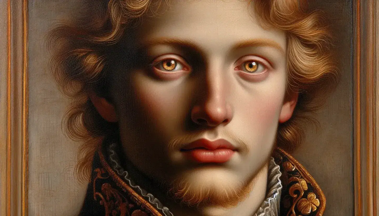 Ritratto in stile fiammingo di figura storica con dettagli fini, incarnato pallido e rosato, capelli castano dorati e colletto ricamato.