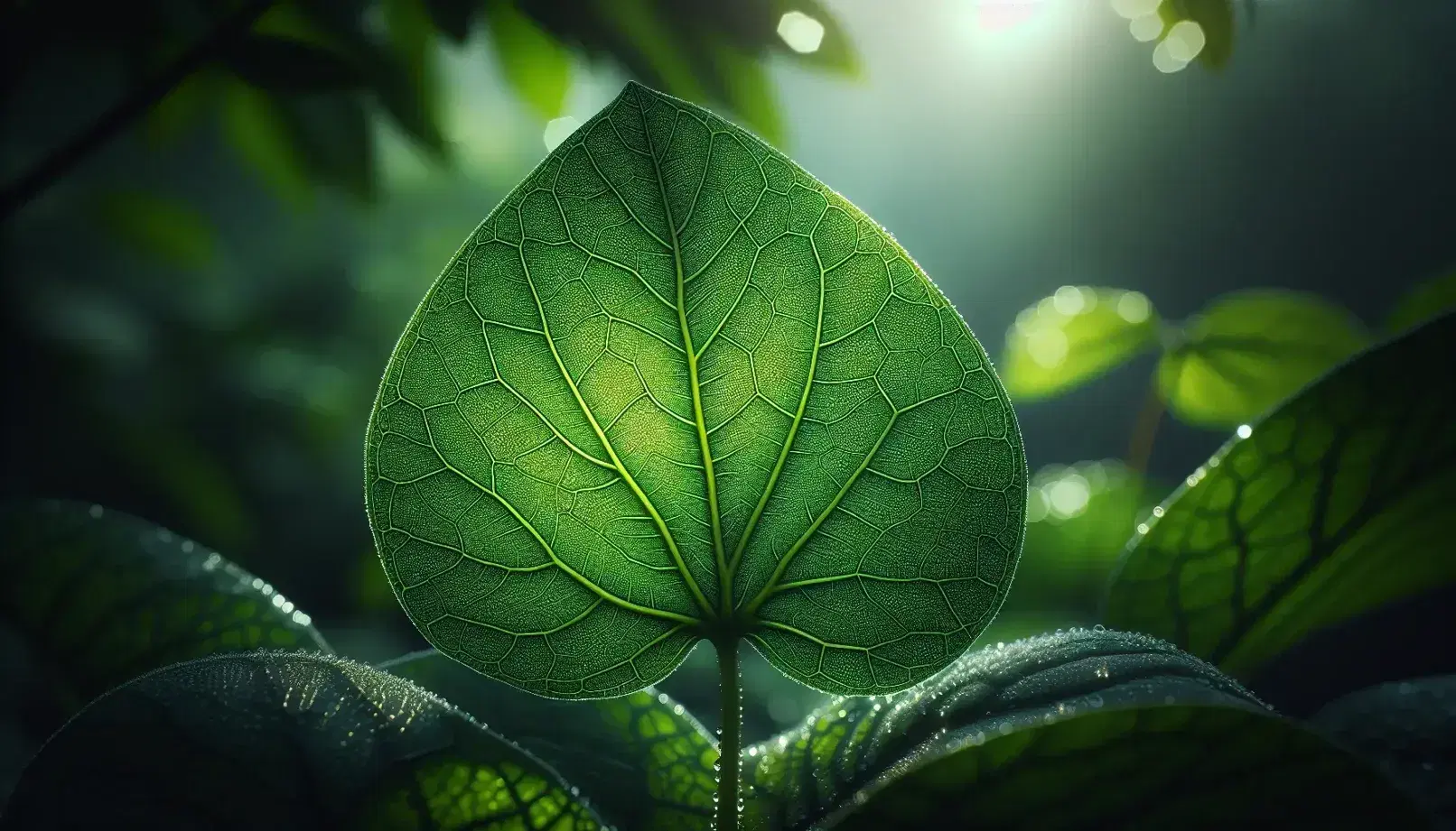 Close-up of a dew-speckled green leaf with a detailed vein network, backlit by sunlight, set against a blurred foliage background.