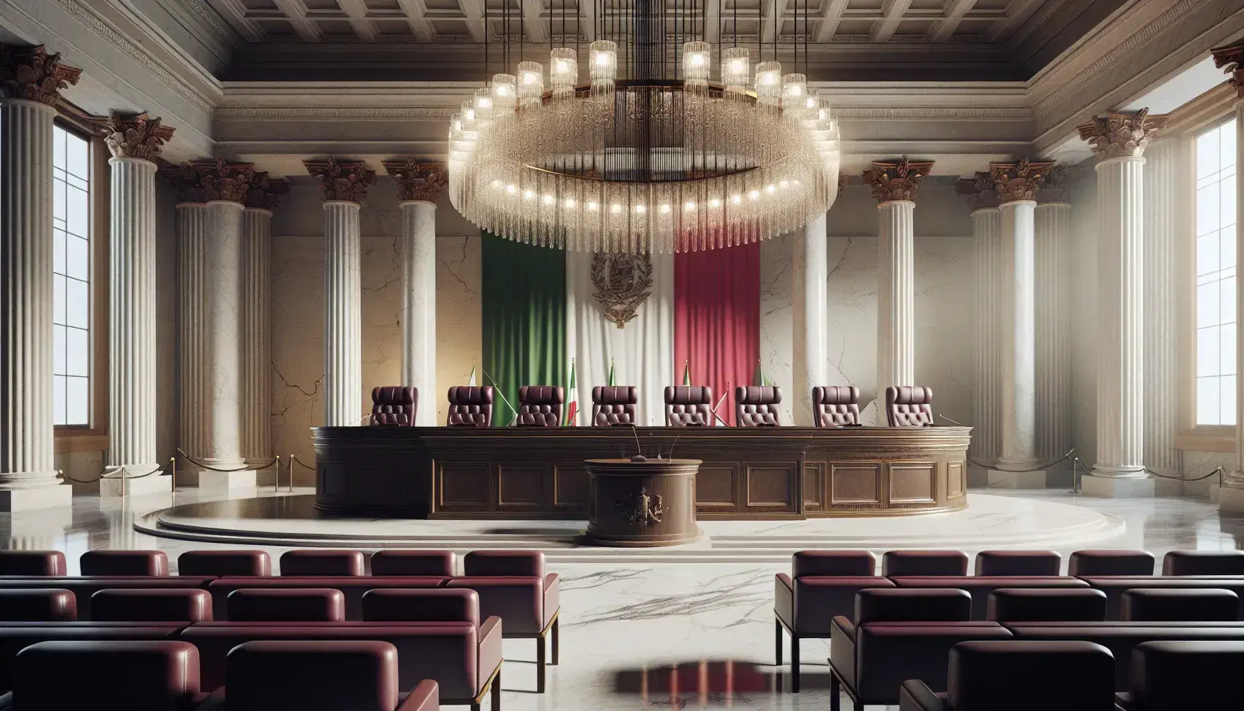 Sala della Corte Suprema vuota con pareti in marmo chiaro, scrivania semicircolare in legno scuro, sedie in pelle bordeaux e bandiera italiana.