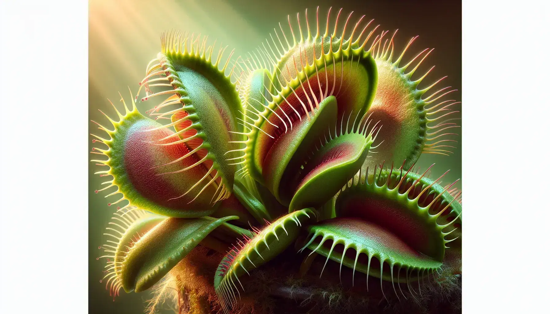 Close-up of a Dionaea muscipula plant with closed and open trap leaves, serrated edges and red-green hues, in natural habitat.