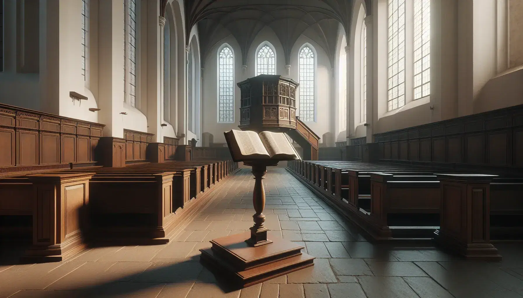 16th-century Calvinist church interior with simple wooden pulpit, unadorned pews, white walls, clear glass windows, and a plain cross.