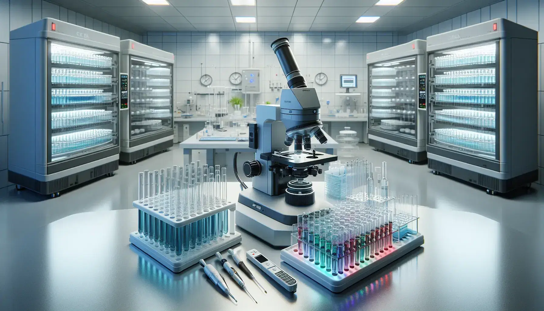 Laboratorio di ricerca genetica moderno con microscopio elettronico, provette colorate, agitatore magnetico e incubatrici per colture cellulari.