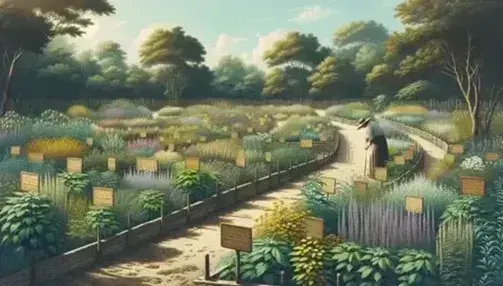 Jardín botánico de plantas medicinales con filas ordenadas de vegetación variada y una persona cuidando las plantas en un día soleado.