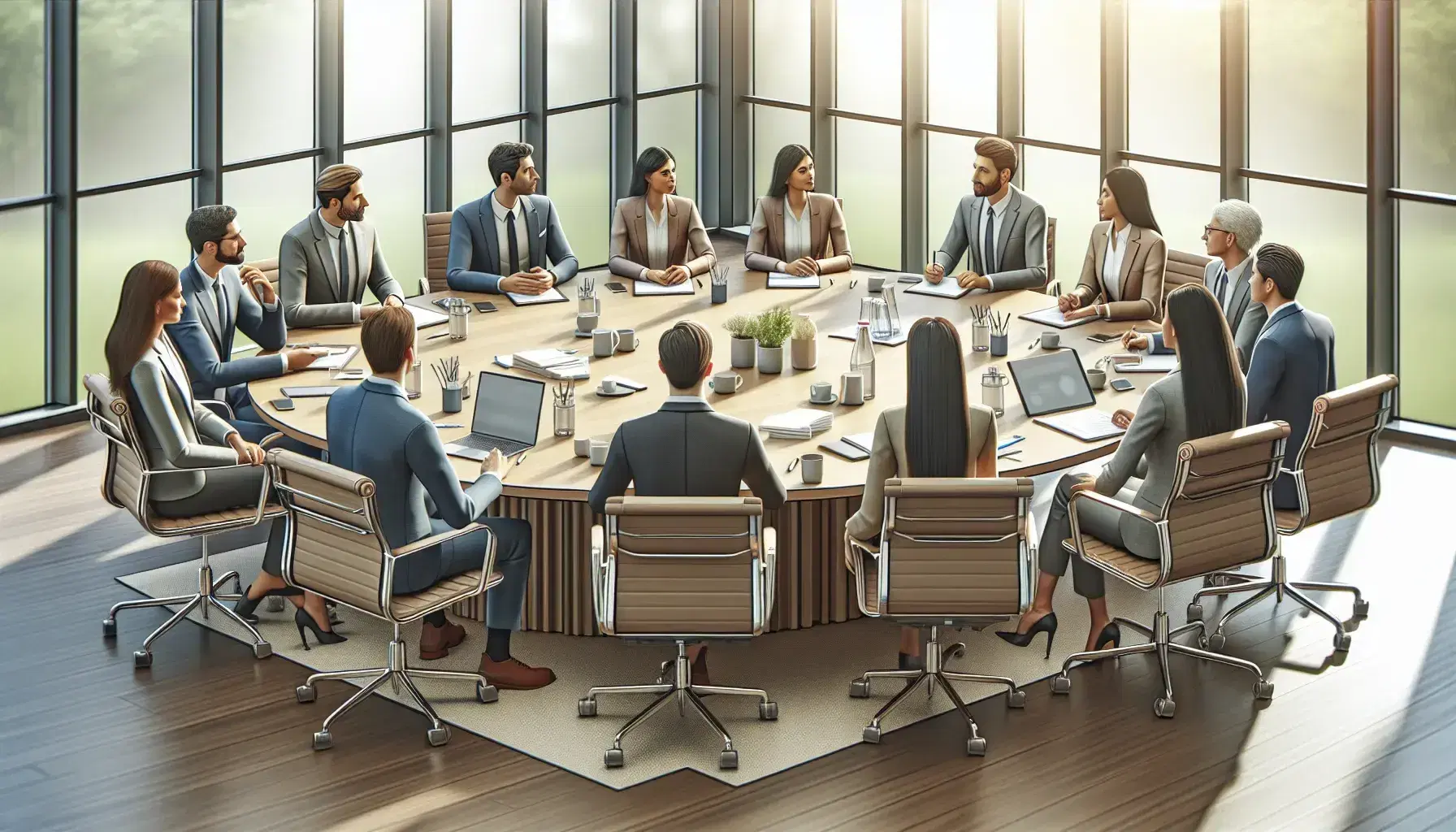 Diverse professionals in a meeting around a circular table with laptops and notepads, engaging in a discussion in a bright, windowed room.