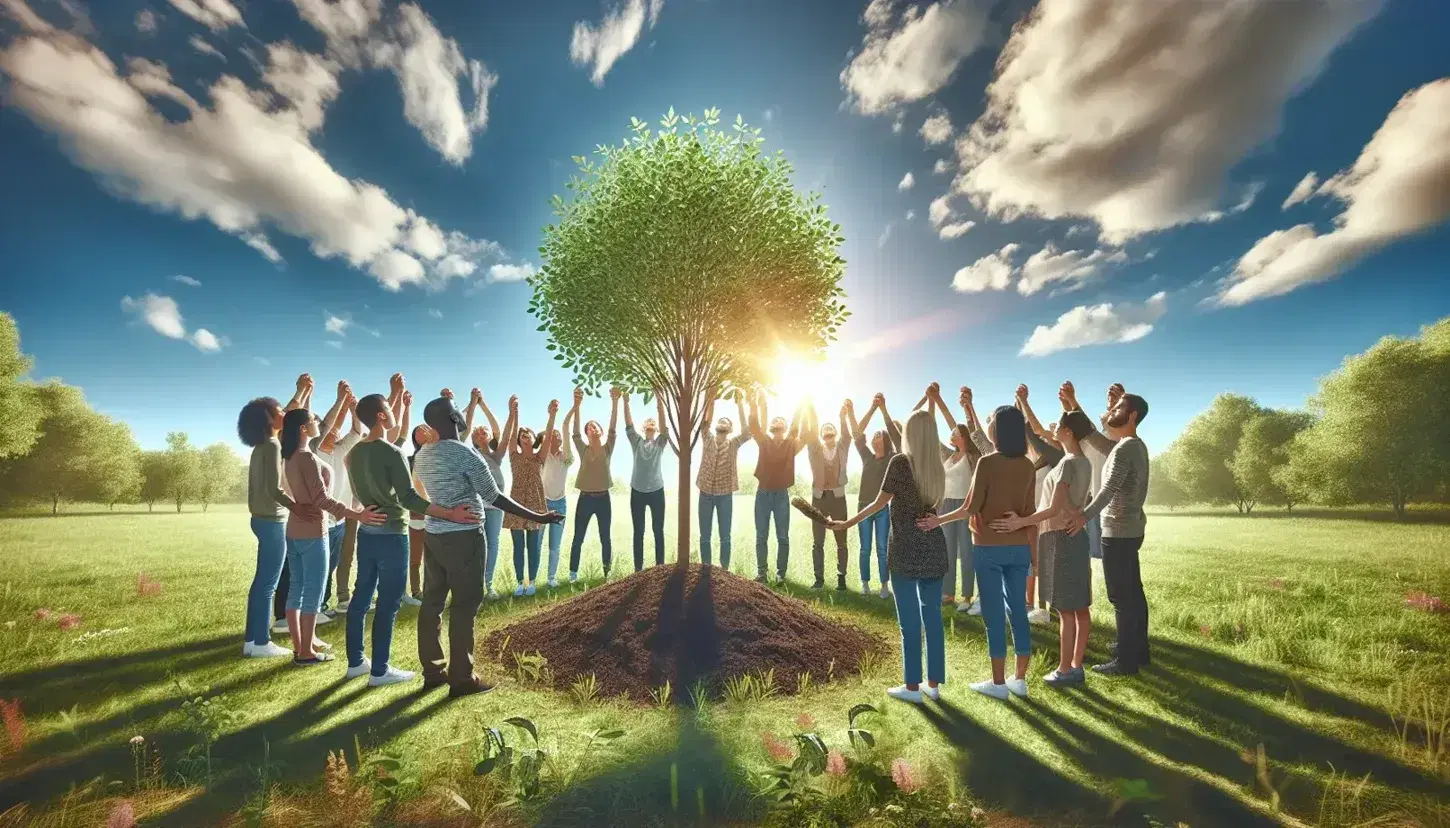 Grupo diverso de personas apoyando un árbol joven en un parque, bajo un cielo azul con sol que ilumina sus rostros y la vegetación.