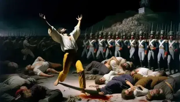 Recreación del cuadro 'El tres de mayo de 1808 en Madrid' de Goya, mostrando a un hombre con los brazos en alto y soldados apuntando a civiles caídos.