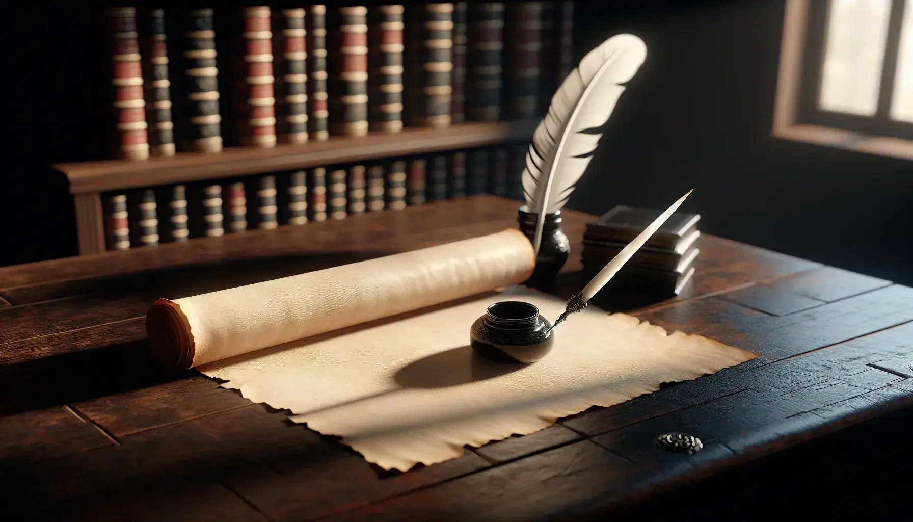 Scrivania antica in legno scuro con pergamena avorio, penna d'oca e calamaio nero, sfondo sfocato di libreria con volumi rilegati.