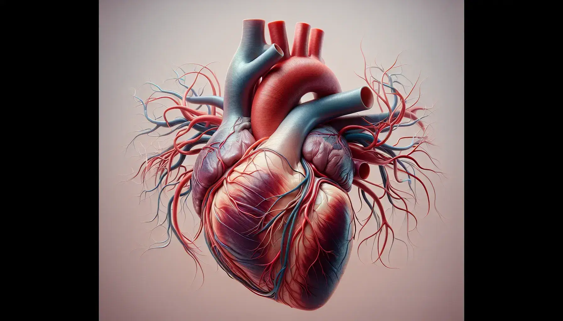 Vista anatómica detallada del corazón humano con cámaras, válvulas y vasos sanguíneos principales en colores realistas sobre fondo neutro.