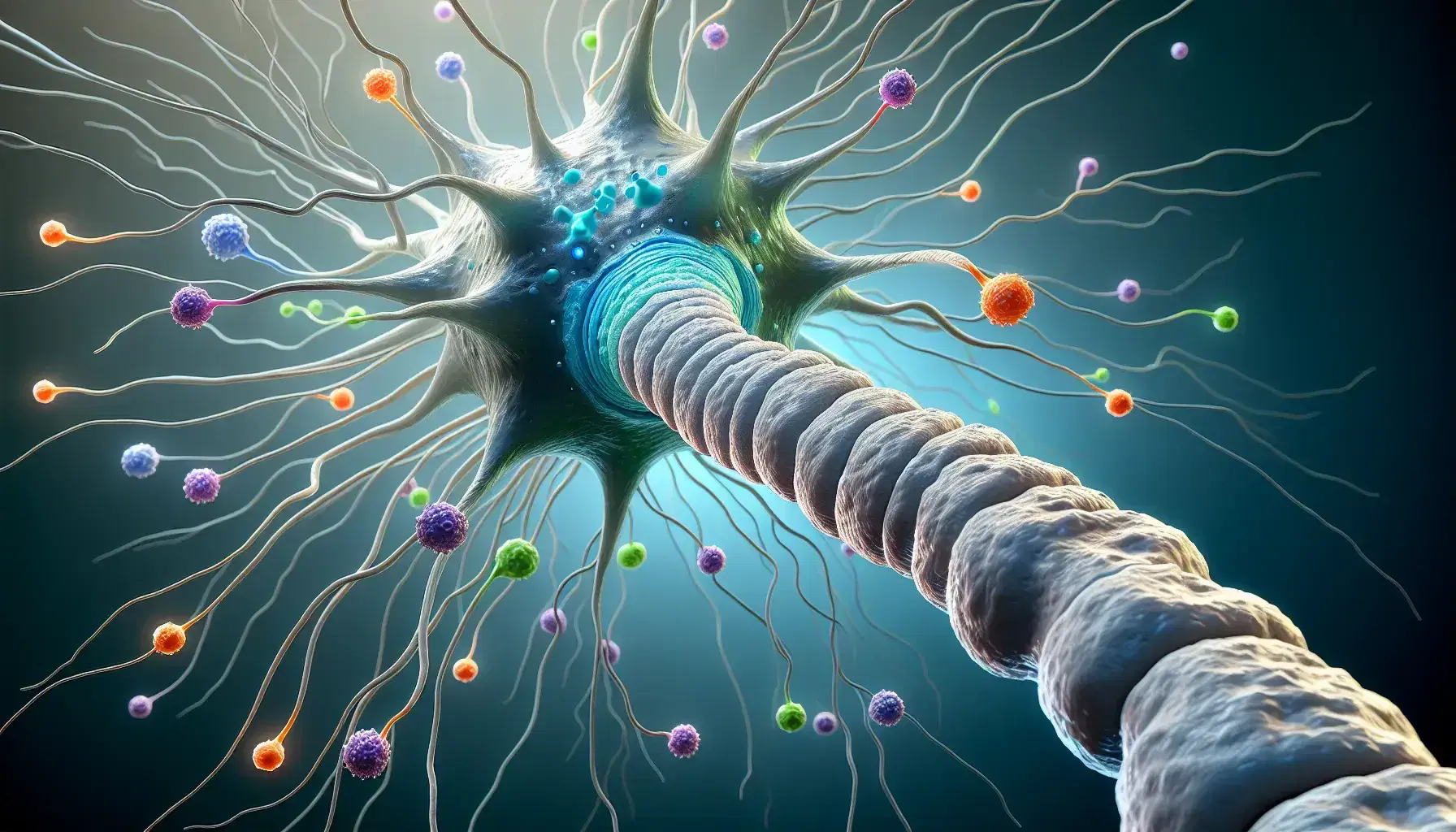 Representación 3D detallada de una sinapsis neuronal con un axón y dendritas en tonos grises y vesículas de neurotransmisores coloridas dispersando su contenido.
