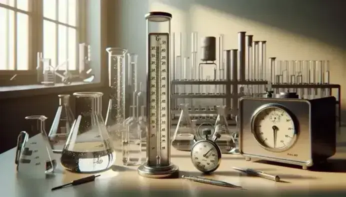Laboratorio scientifico con termometro a mercurio, calorimetro metallico, becher con liquido e cronometro analogico su tavolo illuminato naturalmente.