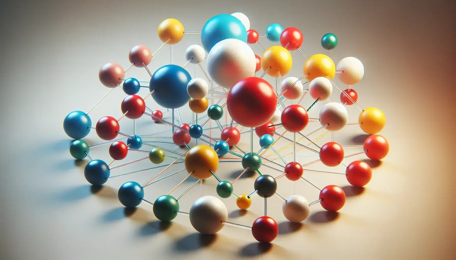 Estructura tridimensional de esferas multicolores conectadas por varillas transparentes, con un diseño organizado y una iluminación suave que resalta su volumen.