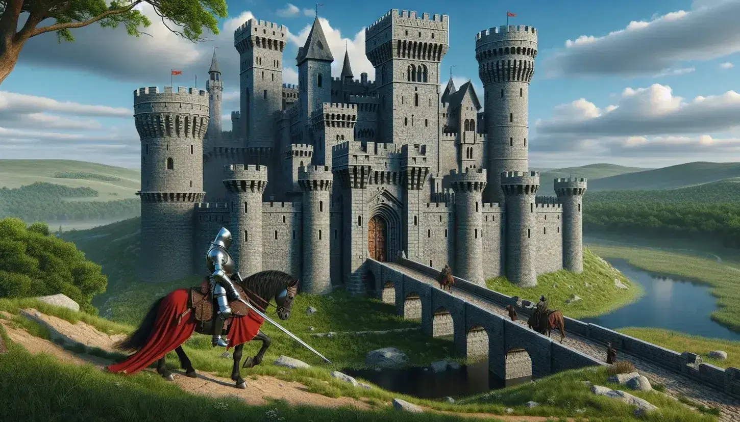 Castello medievale in pietra grigia su collina verde con fossato e ponte levatoio, cavaliere in armatura su cavallo marrone, cielo azzurro con nuvole.