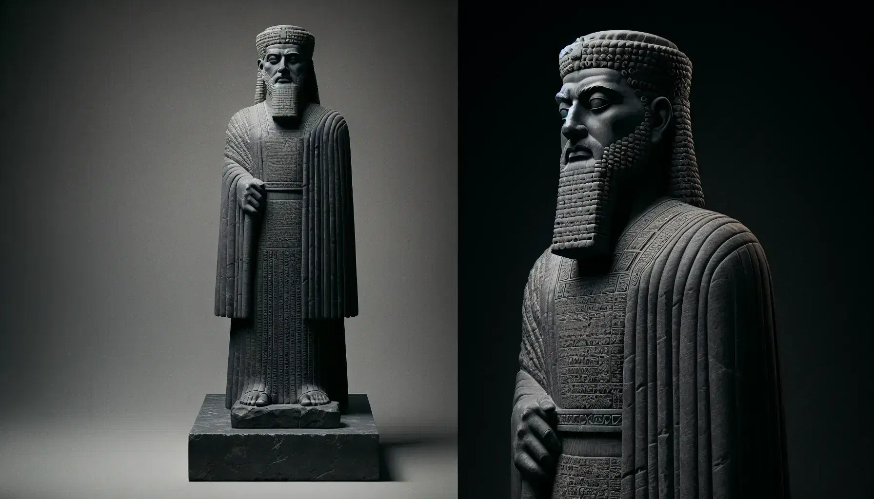 Statua in pietra scura di Hammurabi, re di Babilonia, in piedi con toga e mani su pergamena, sotto cielo azzurro.