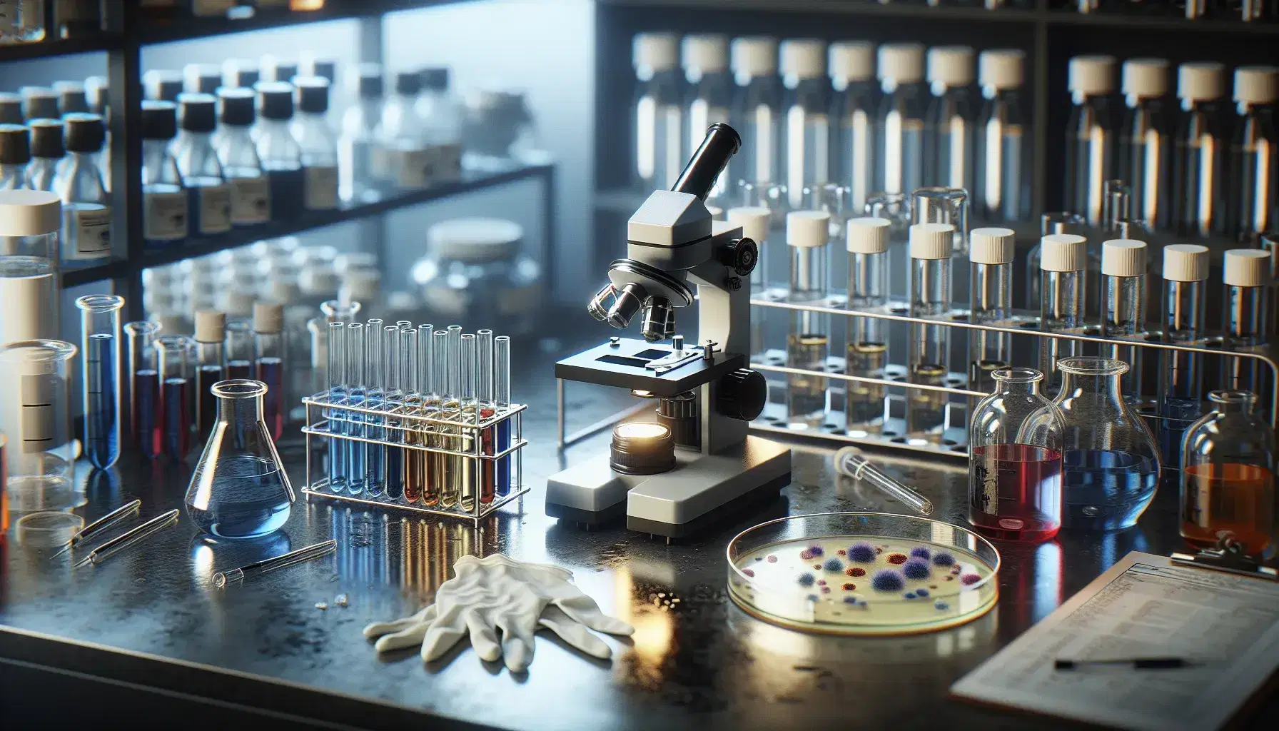 Microscopio negro y plateado en mesa de laboratorio con tubos de ensayo con líquidos de colores y plato de Petri con bacterias, rodeado de guantes y frascos en estante.