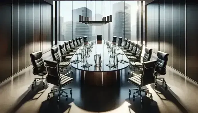 Modern boardroom with oval wooden table, black leather chairs, digital tablets, glass water pitchers, and a city skyline view through floor-to-ceiling windows.