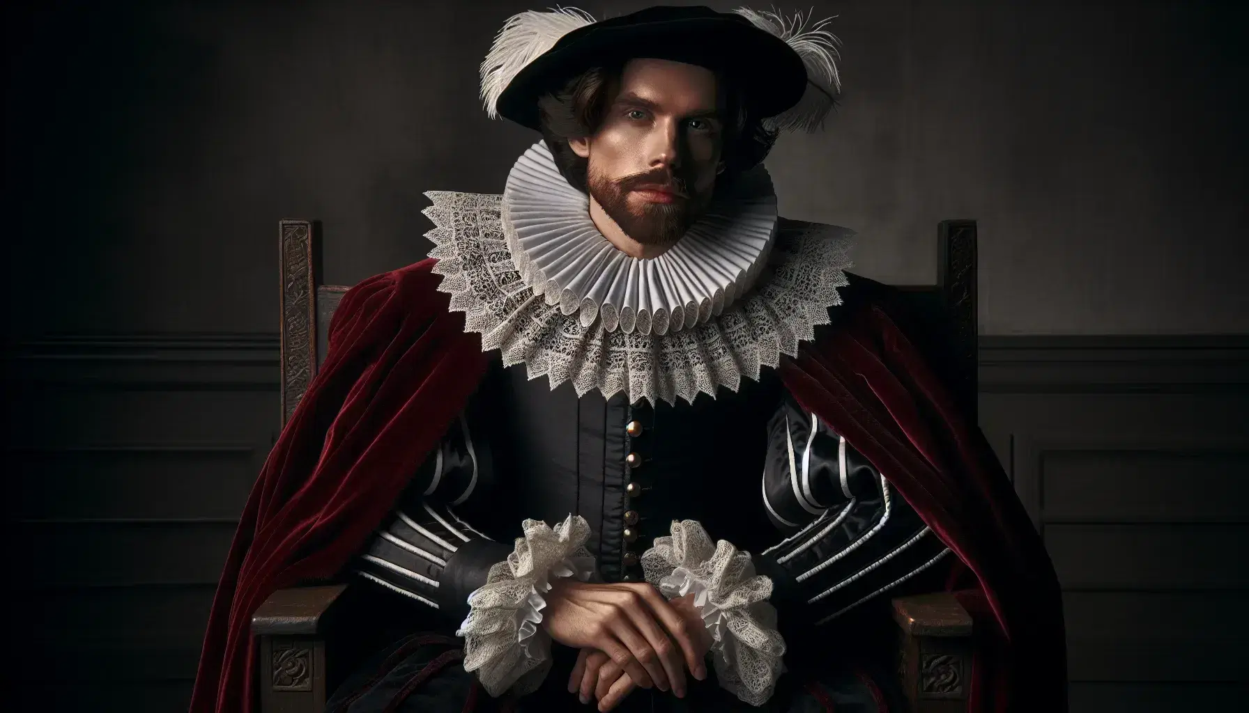 Ritratto di uomo in abiti del XVII secolo che raffigura Re Carlo I, con mantello rosso velluto, colletto in pizzo e cappello nero.