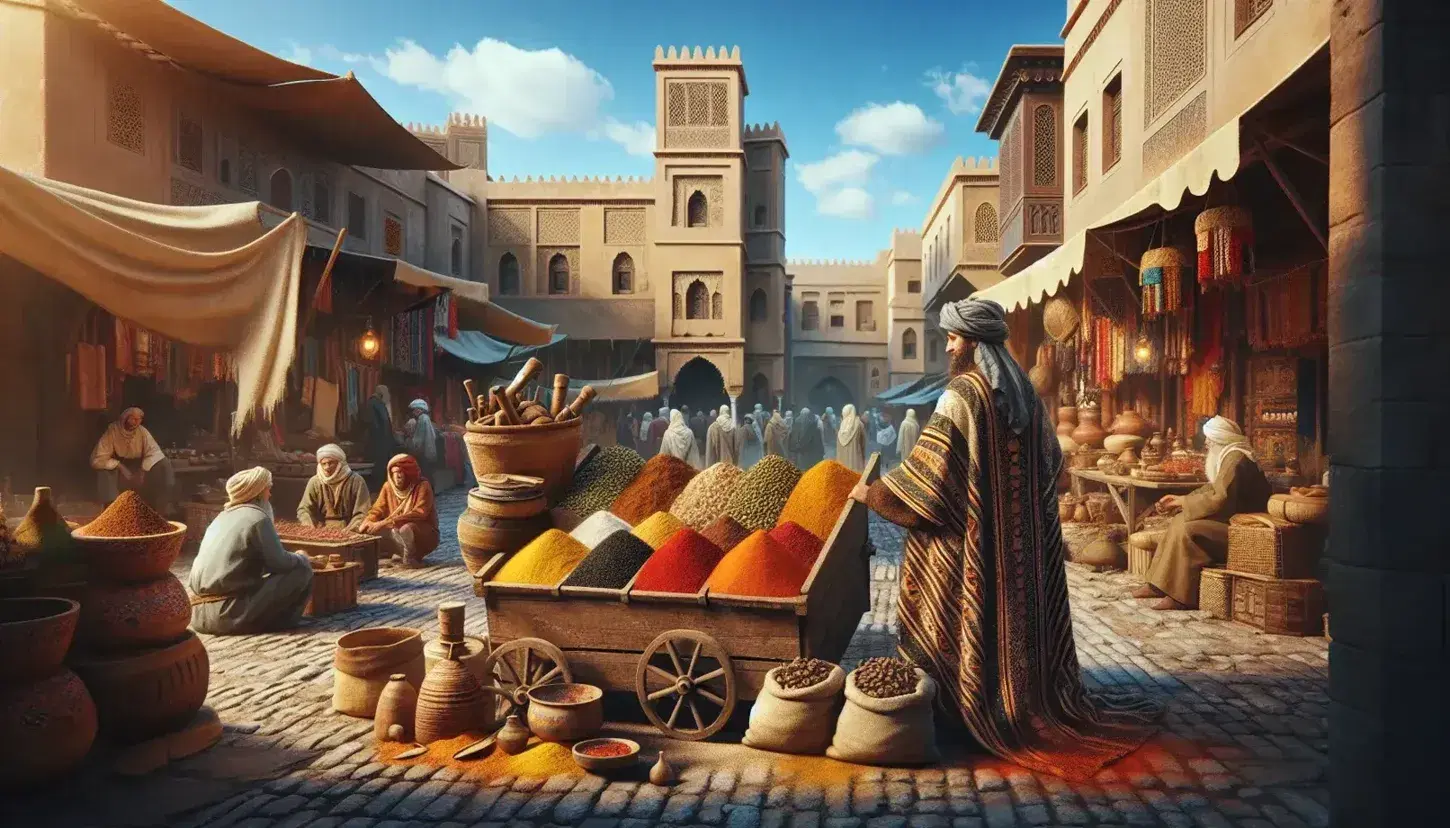 Traditional Moroccan marketplace with a spice vendor beside a cart of colorful spices, surrounded by stalls of handwoven goods, set against a historic medina backdrop.