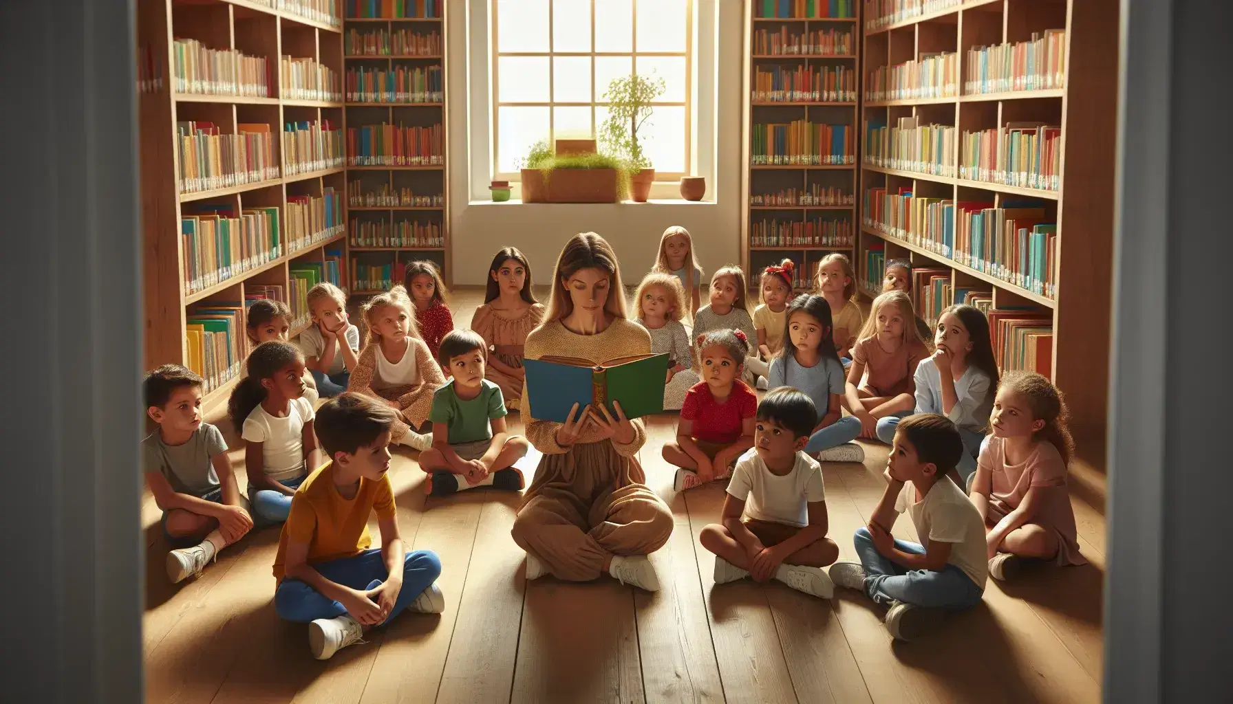 Grupo de niños atentos escuchando a una mujer leer un libro en una biblioteca iluminada naturalmente, rodeados de estanterías con libros.