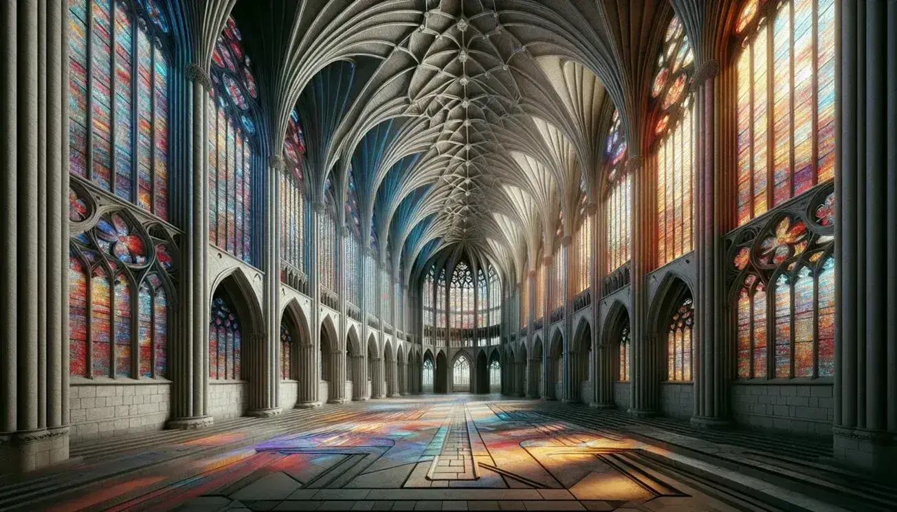 Interno di cattedrale gotica con navata centrale, archi a sesto acuto, vetrate colorate e volte a crociera.