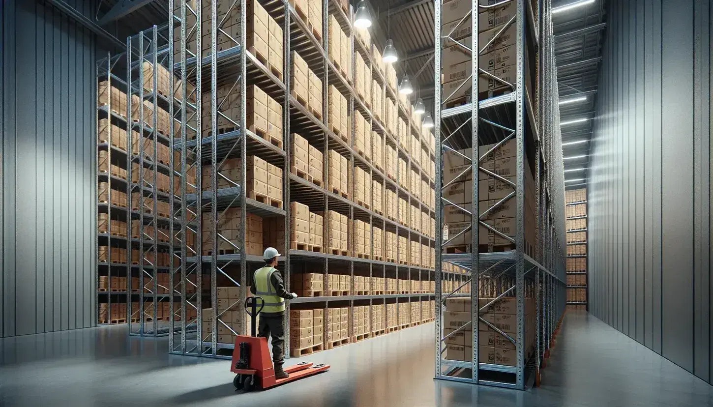 Warehouse interior with steel shelving units filled with uniform cardboard boxes, a worker in a safety vest operates a red pallet jack.