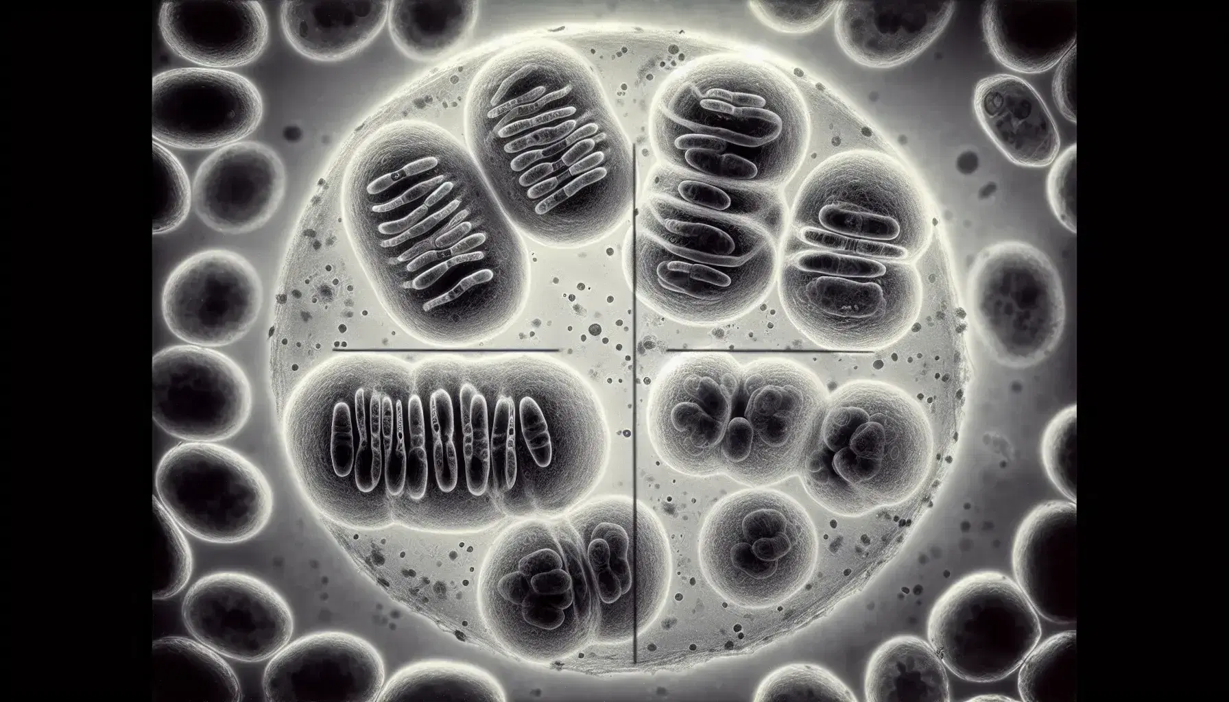 Células en diferentes etapas de mitosis bajo microscopio óptico, mostrando prophase, metaphase, anaphase y telophase con cromosomas visibles.