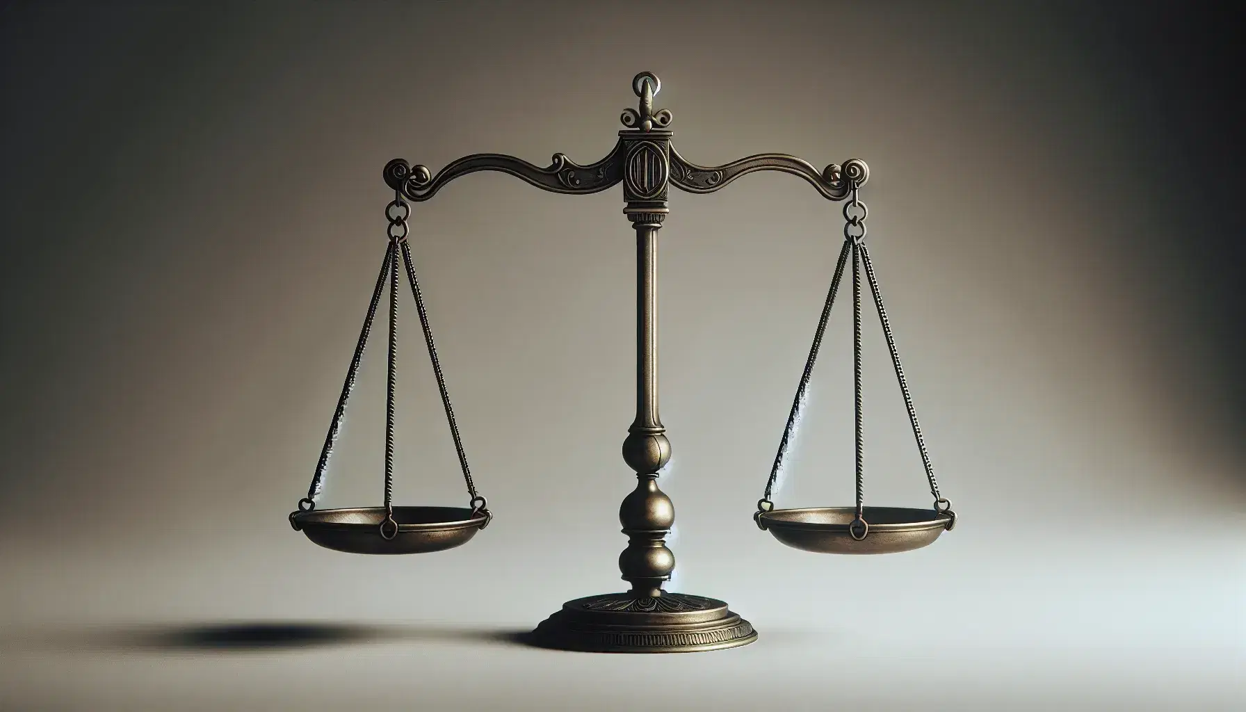 Bilancia della giustizia antica in equilibrio, con piatti identici vuoti e barra orizzontale su sfondo neutro.