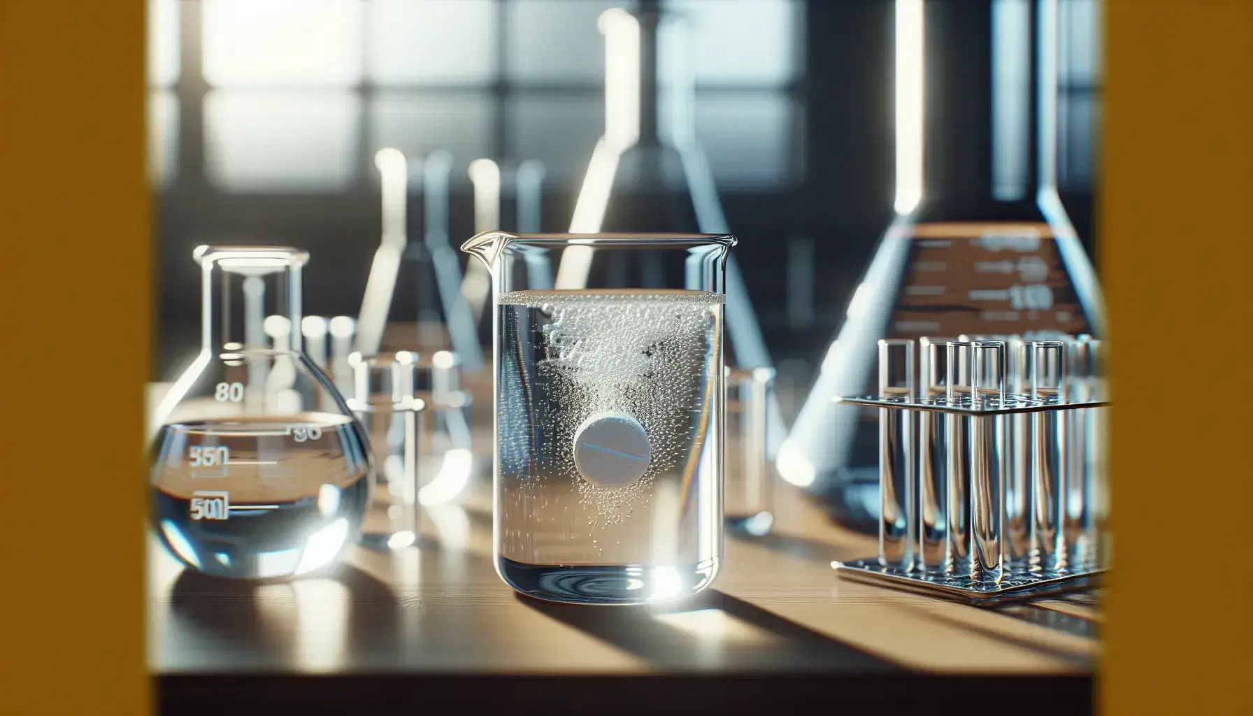 Glass beaker with colorless liquid and dissolving effervescent tablet, on wooden laboratory bench, with blurred background of laboratory glassware.