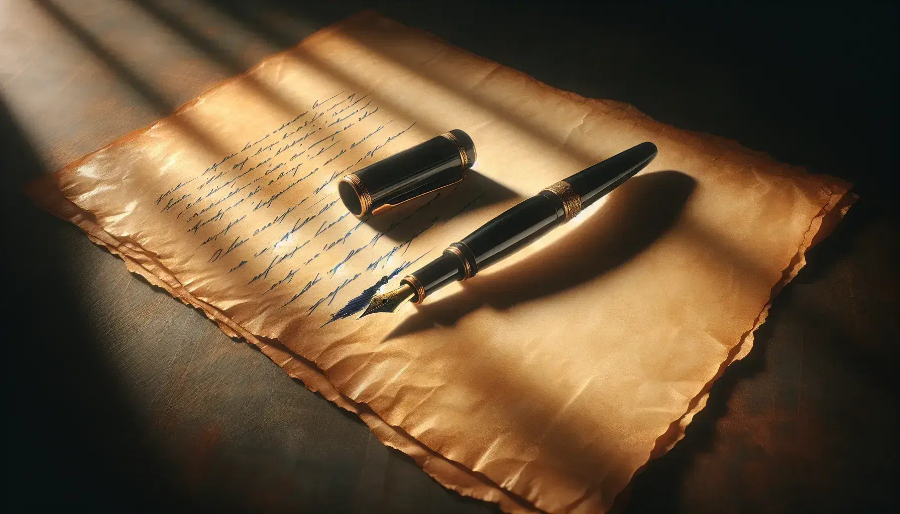 Penna stilografica antica con cappuccio staccato su foglio ingiallito e inchiostro blu, su tavolo in legno sotto luce calda.