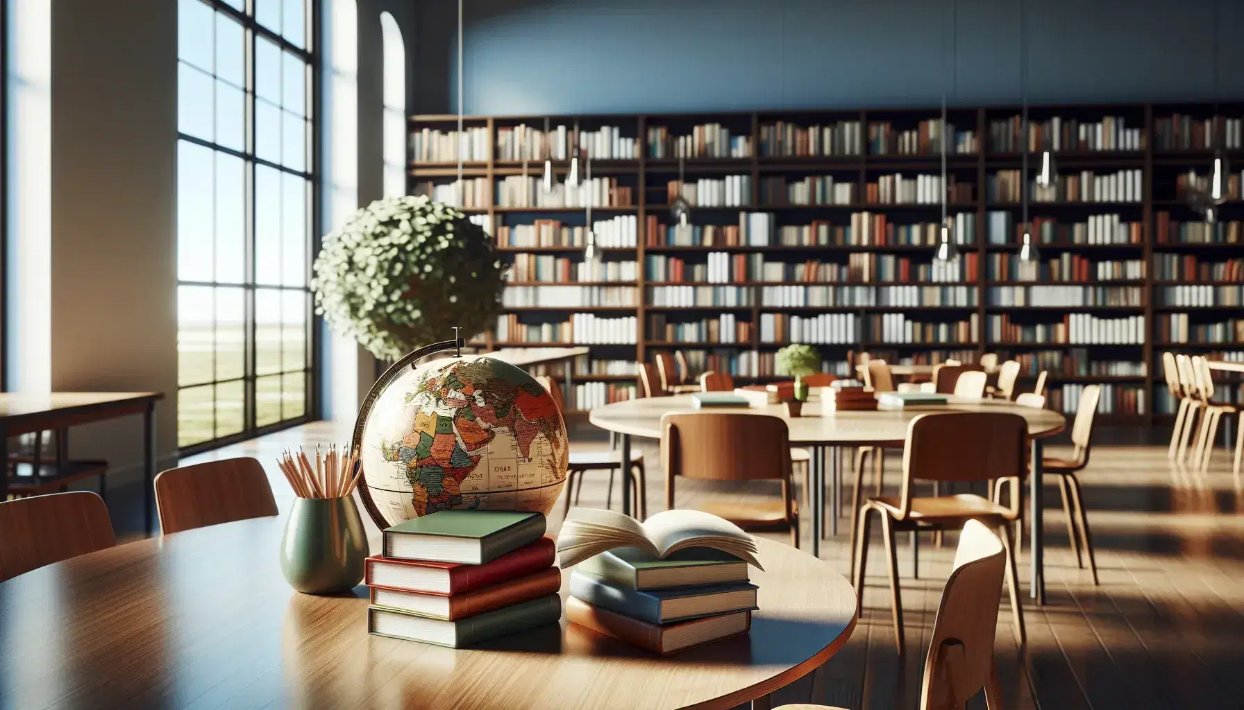 Biblioteca escolar iluminada con estanterías de madera oscura llenas de libros coloridos, mesa con libros abiertos y globo terráqueo, ventana al fondo con cielo azul.