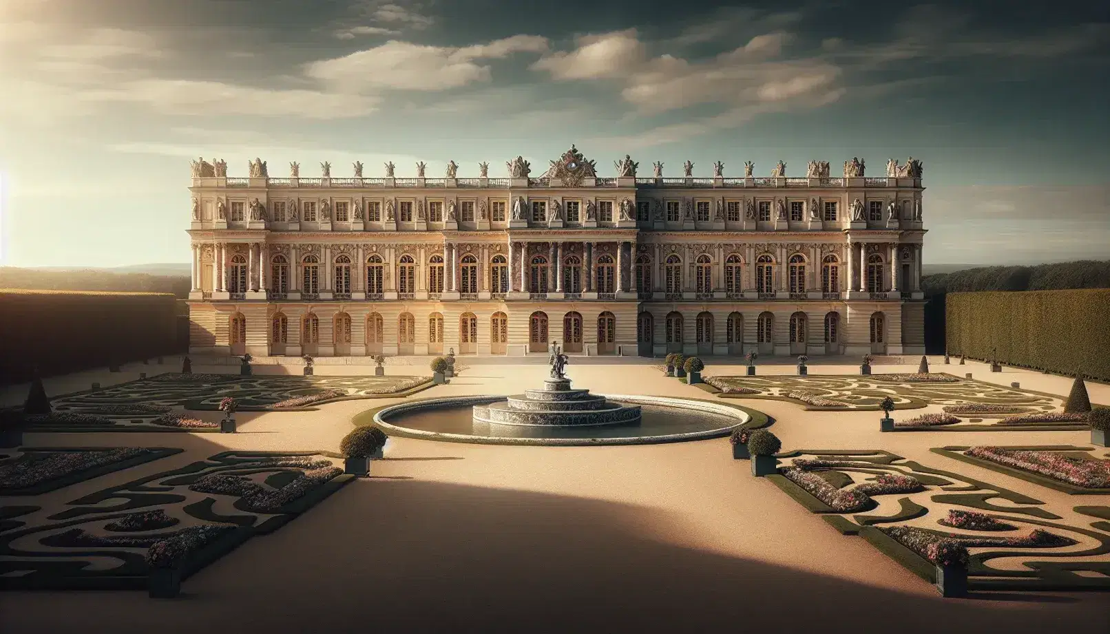 Vista frontale del Palazzo di Versailles con giardini simmetrici e fontana centrale in una giornata soleggiata e cielo sereno.
