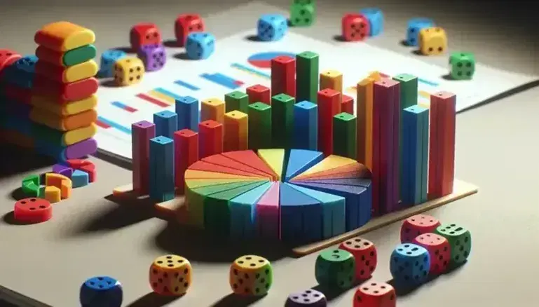 Primer shot of colorful pie charts and histograms with blurred multicolored dice background on neutral gray surface without reflections.