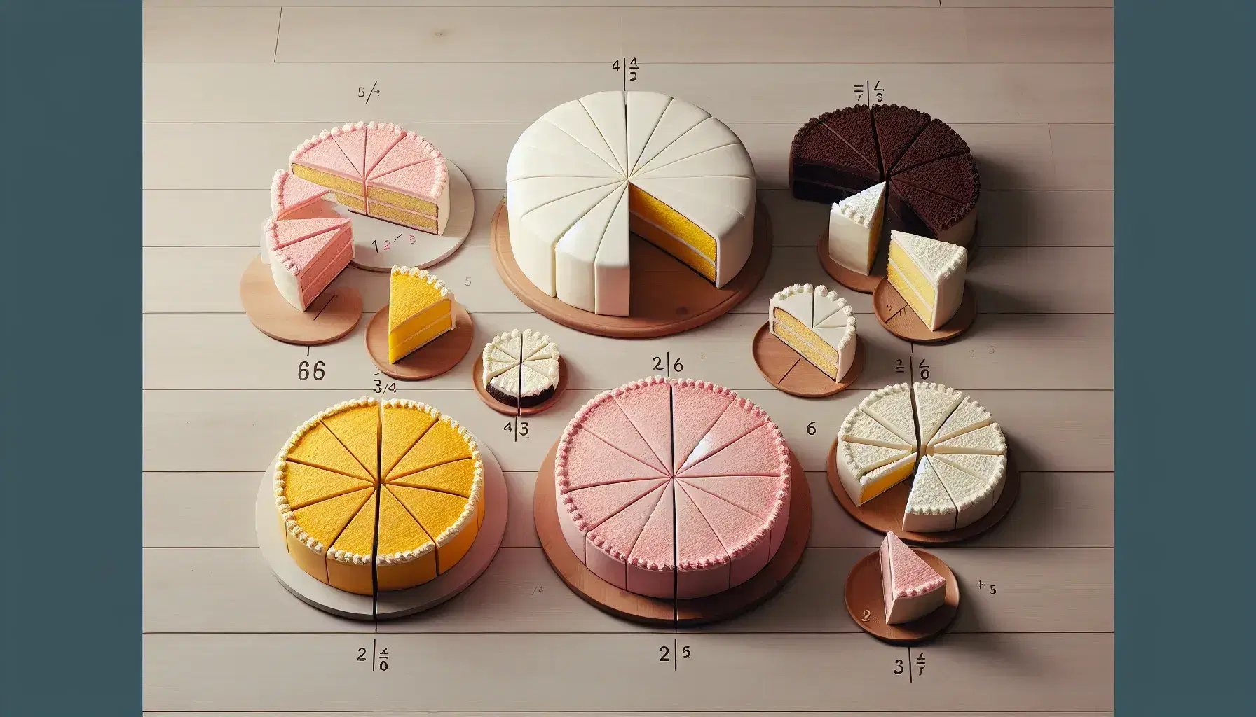 Torte rotonde in varie dimensioni e colori su tavolo in legno chiaro, divise in fette per illustrare frazioni matematiche.