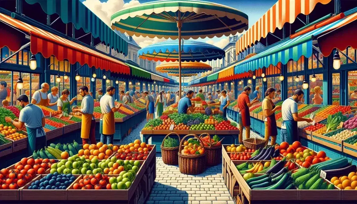 Mercado al aire libre con puestos coloridos vendiendo frutas y verduras frescas, clientes interactuando con vendedores sonrientes bajo un cielo azul con nubes dispersas.