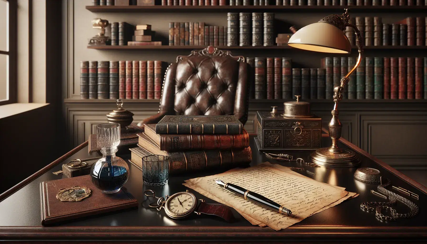 Scrivania in legno scuro con penna stilografica, calamaio, orologio d'epoca e lampada in studio classico con libreria e poltrona in pelle.