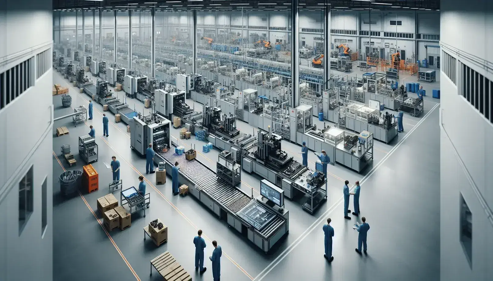 Vista aérea de planta de fabricación moderna con líneas de ensamblaje, trabajadores uniformados, estaciones de trabajo iluminadas y estanterías organizadas.
