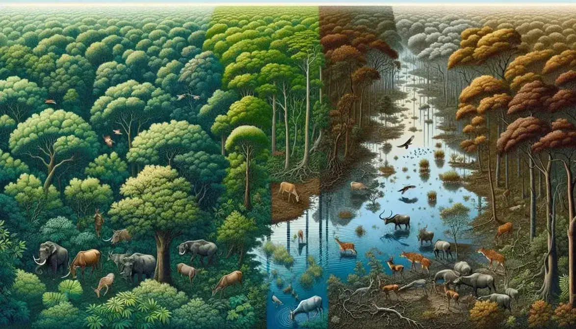 Vista aerea di una foresta rigogliosa con corsi d'acqua, animali selvatici al fiume e un rapace in volo su cielo azzurro.