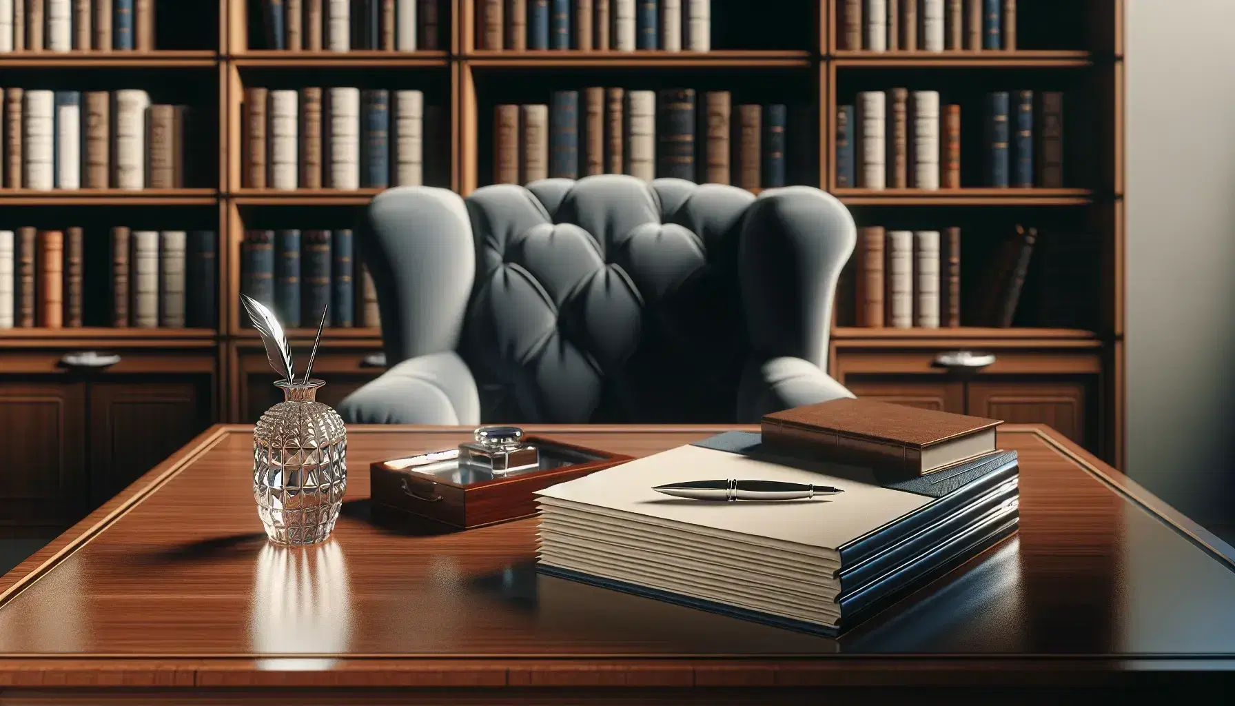 Psychologist office organized with wooden desk, glass inkwell, fountain pen, navy blue armchair, bookcase and green plant.