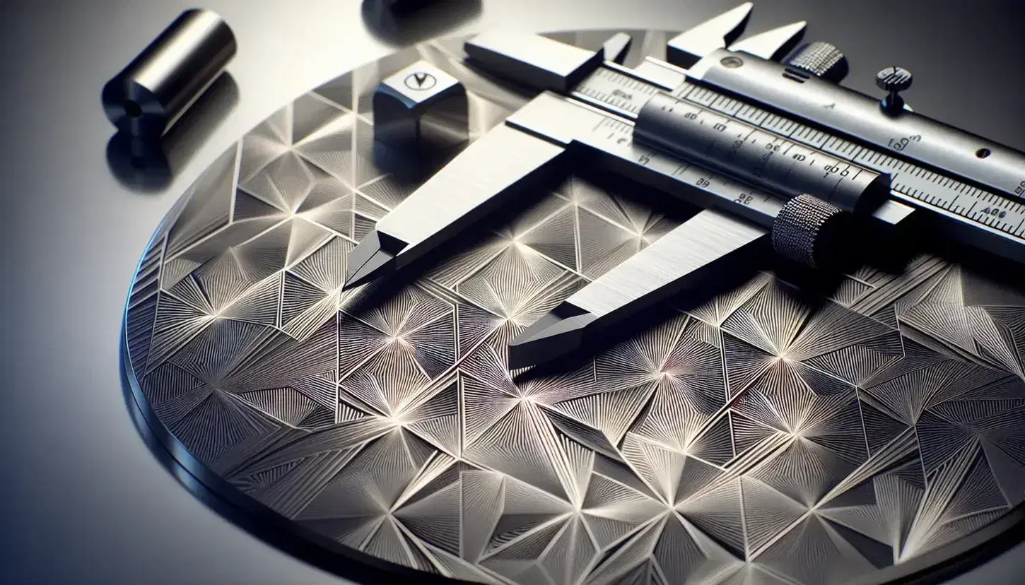 Close-up of laser-etched geometric patterns on a metallic surface with calipers measuring the intricate design, amidst blurred scientific tools.
