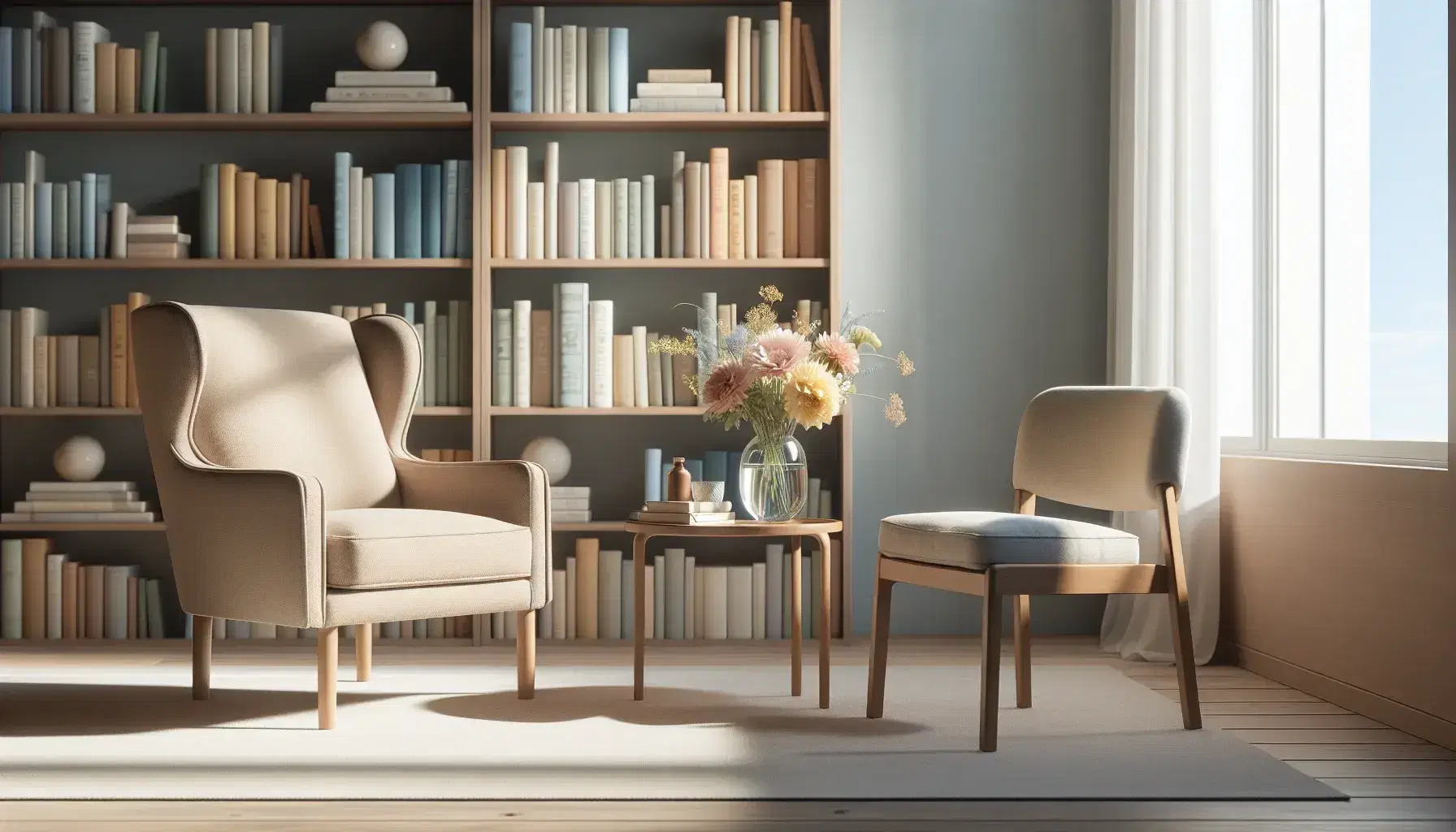 Cozy therapy environment with beige armchair, dark wooden chair, coffee table with pastel flowers and bookcase on light blue wall.